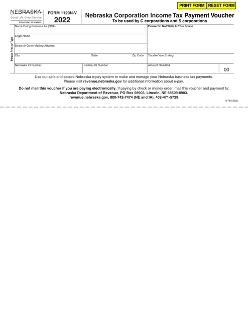 Form 1120N-V Nebraska Corporation Income Tax Payment Voucher - Nebraska, 2022