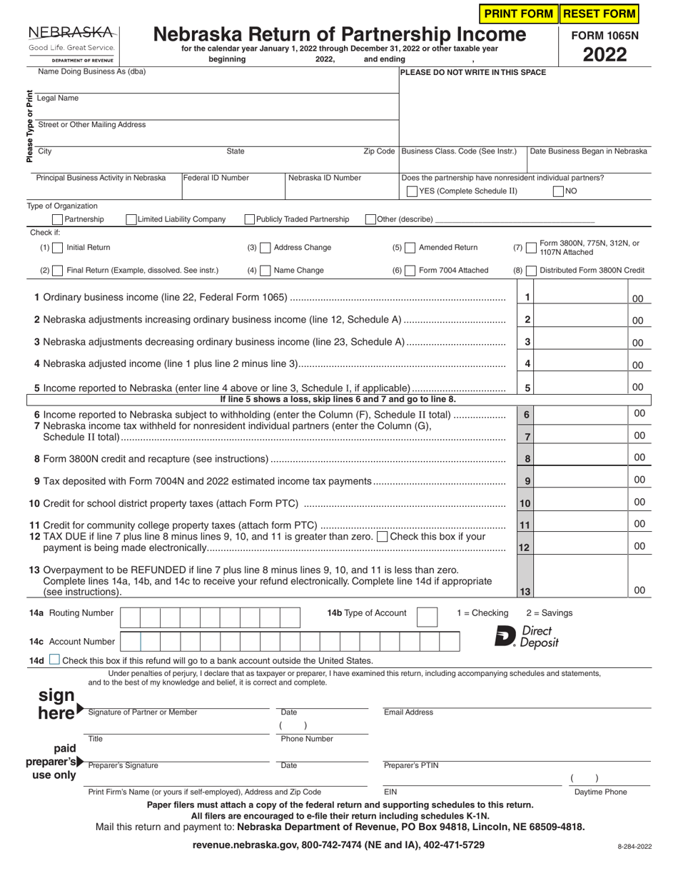 Form 1065N Nebraska Return of Partnership Income - Nebraska, Page 1