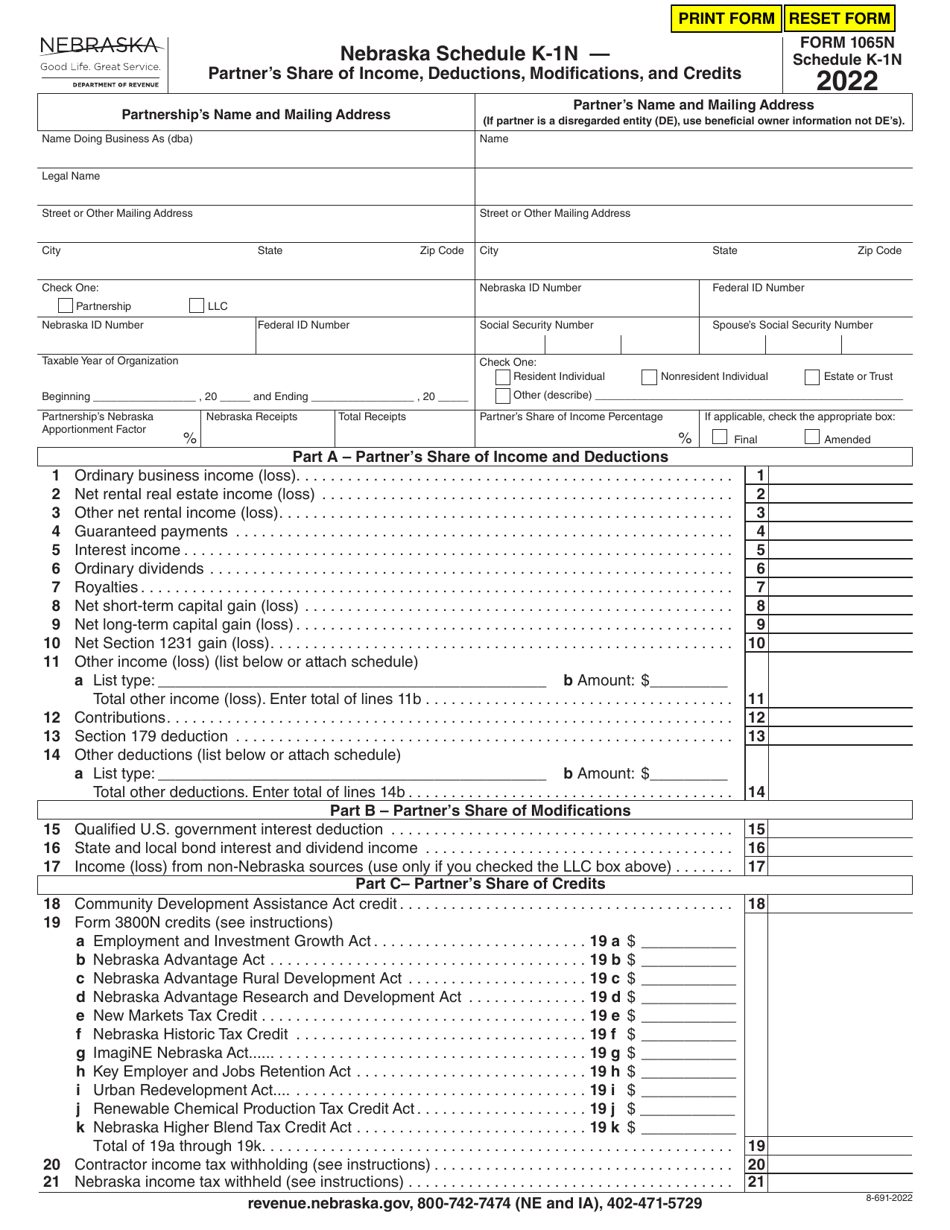 Form 1065N Schedule K-1N Partners Share of Income, Deductions, Modifications, and Credits - Nebraska, Page 1