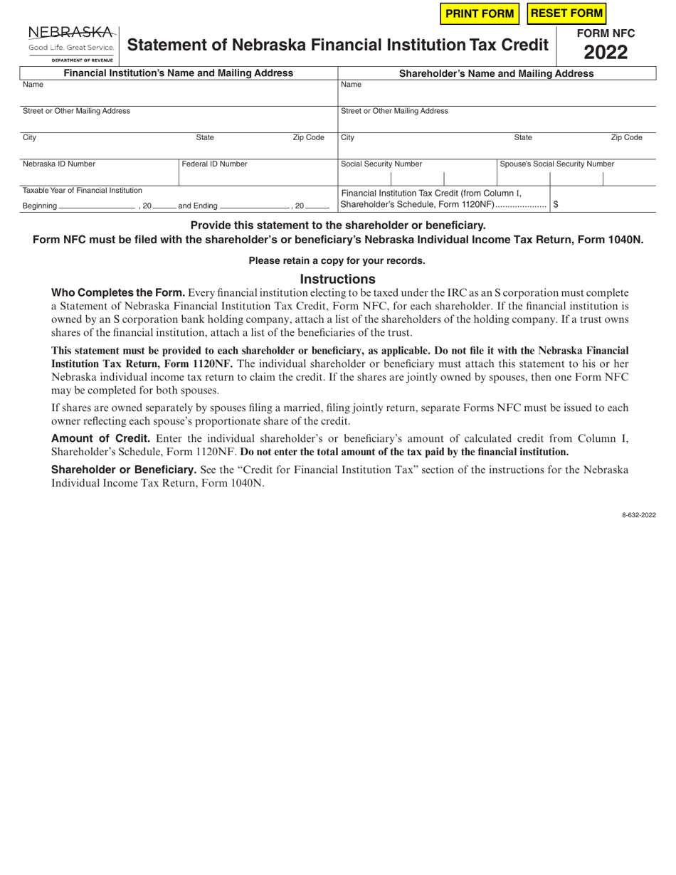 Form NFC Statement of Nebraska Financial Institution Tax Credit - Nebraska, Page 1
