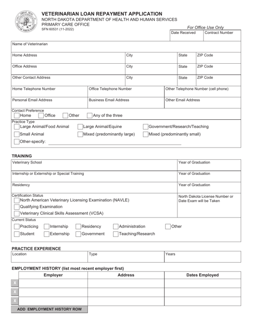 Form SFN60531 Veterinarian Loan Repayment Application - North Dakota