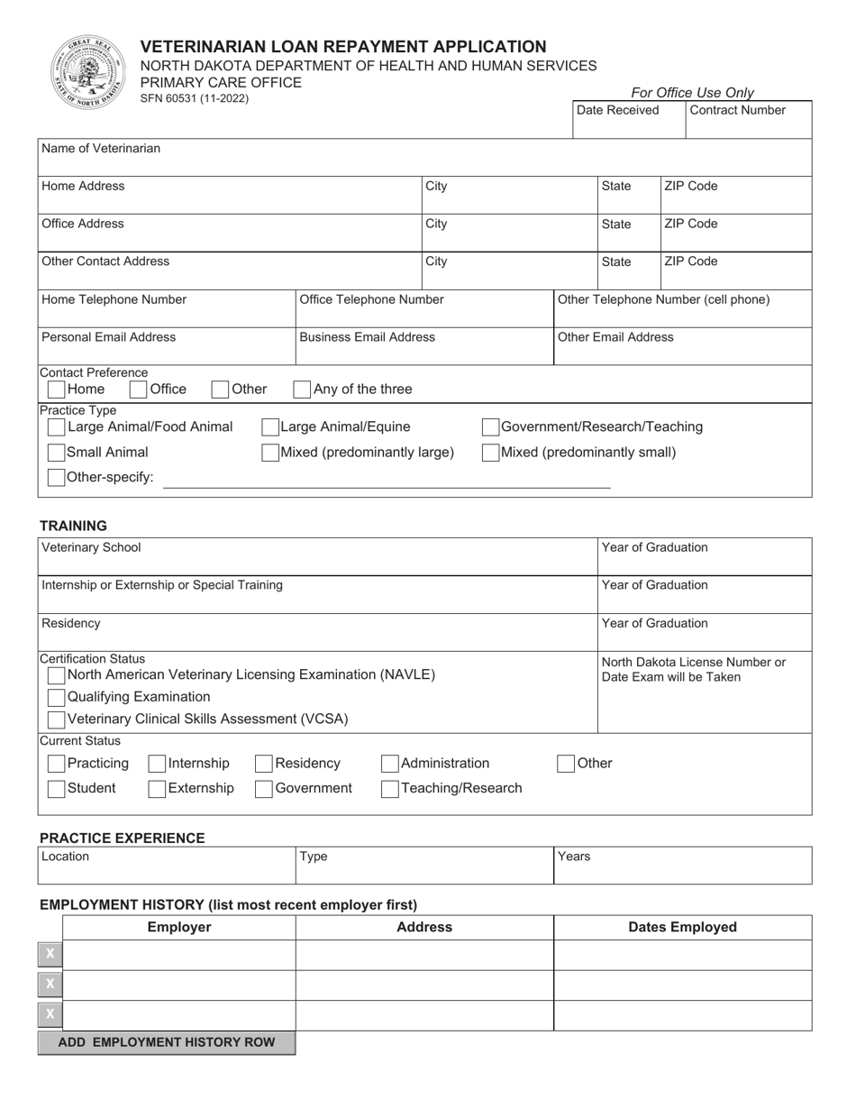 Form SFN60531 Veterinarian Loan Repayment Application - North Dakota, Page 1