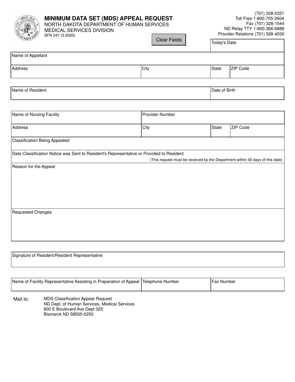 Form SFN247 Minimum Data Set (Mds) Appeal Request - North Dakota, Page 1