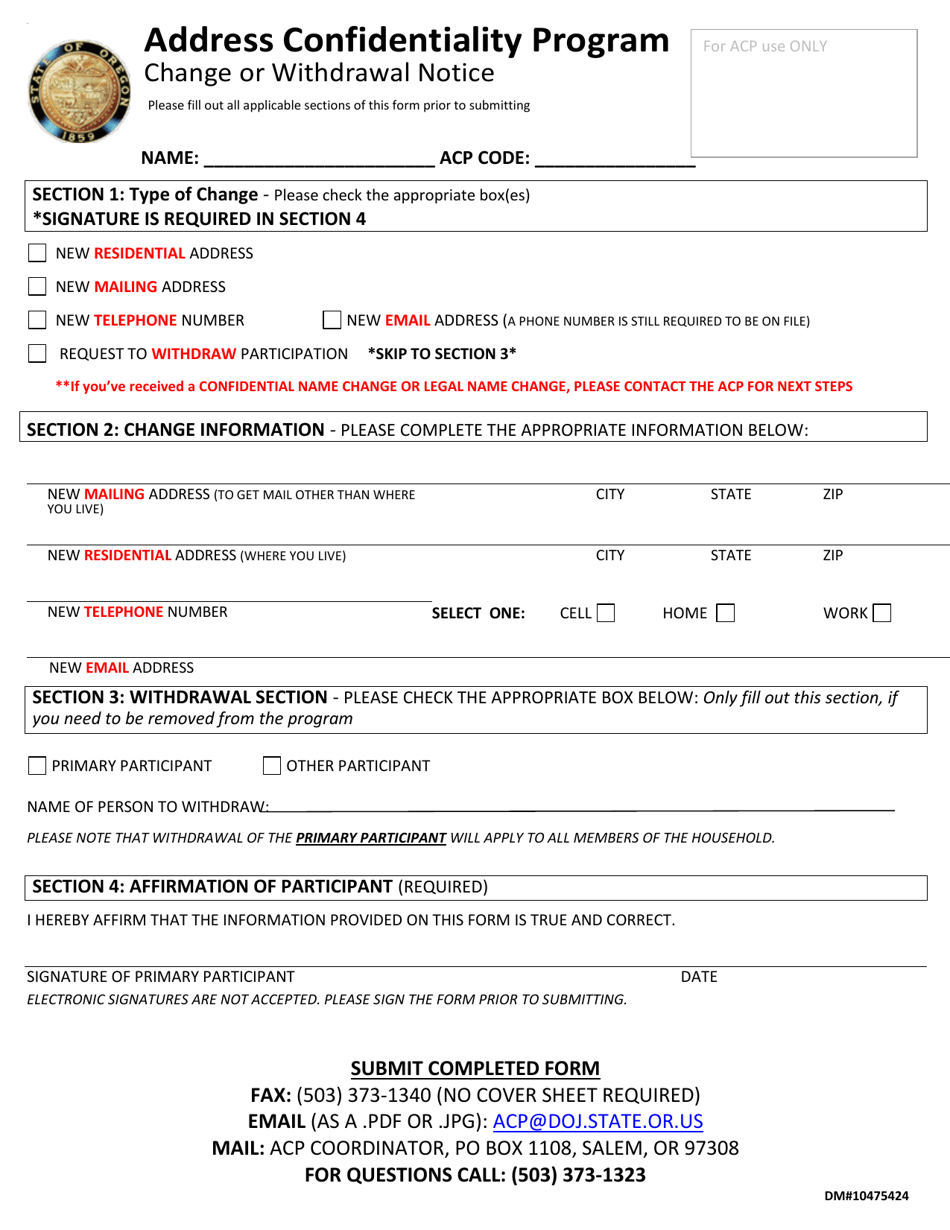 Form DM10475424 Change or Withdrawal Notice - Address Confidentiality Program - Oregon, Page 1