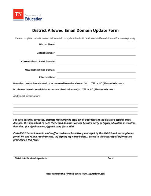 District Allowed Email Domain Update Form - Tennessee Download Pdf
