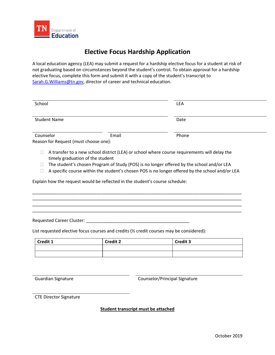 Elective Focus Hardship Application - Tennessee, Page 1