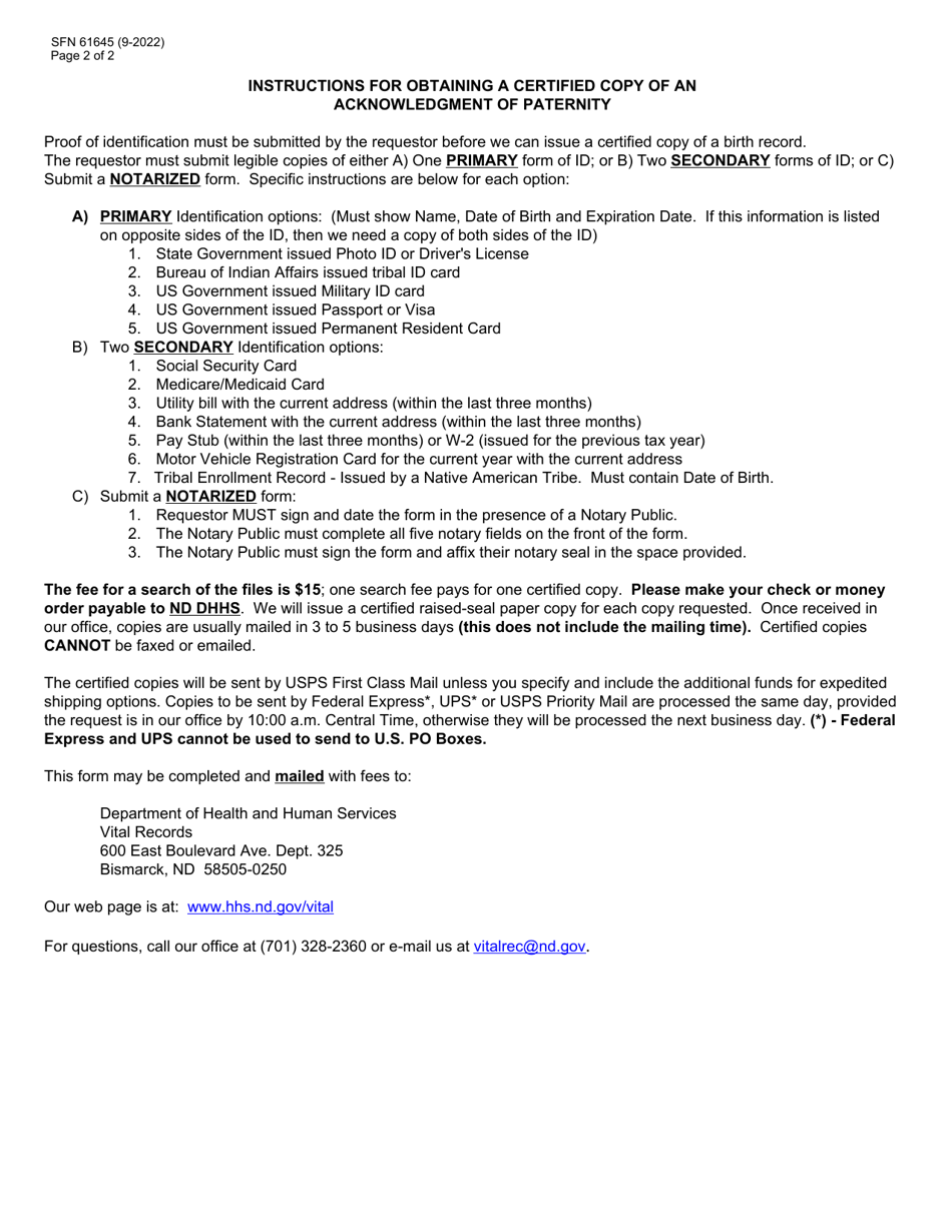 Form SFN61645 Request for Certified Copy of an Acknowledgment of Paternity - North Dakota, Page 2