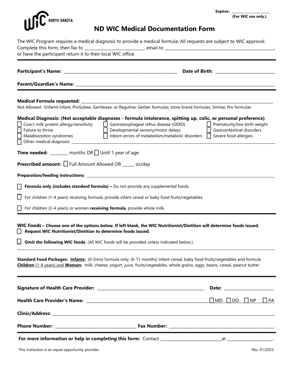 Nd Wic Medical Documentation Form - North Dakota, Page 1