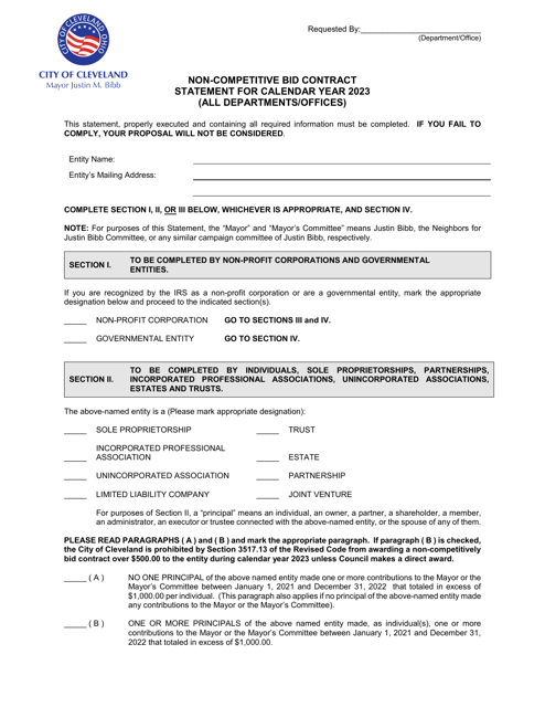 Non-competitive Bid Contract Statement - City of Cleveland, Ohio, 2023