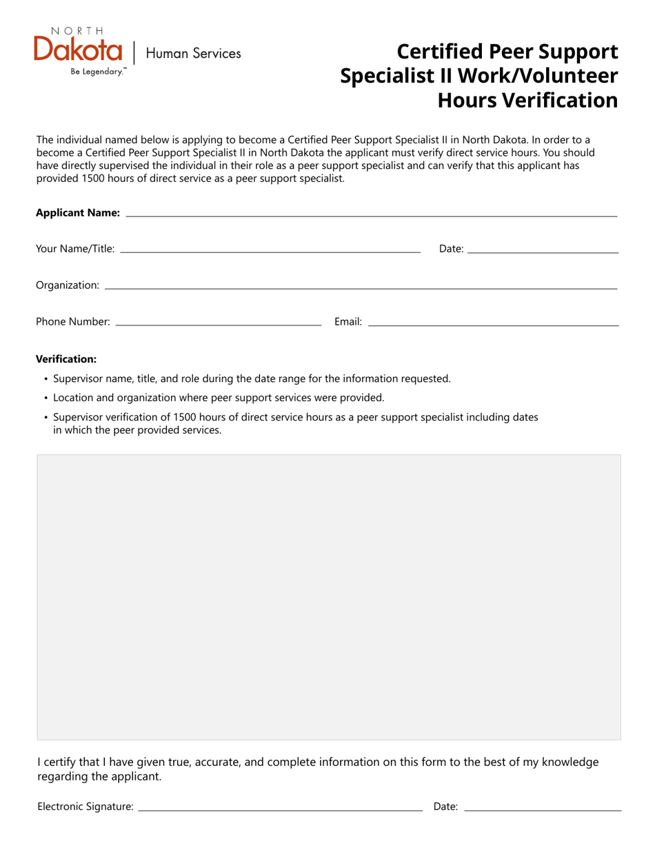 Certified Peer Support Specialist II Work / Volunteer Hours Verification - North Dakota, Page 1