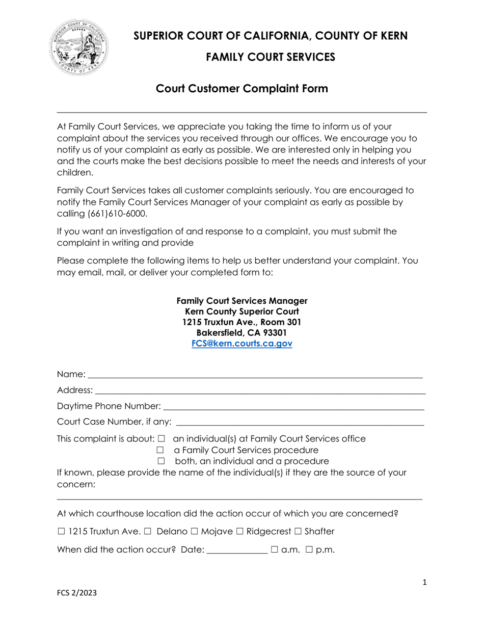 Court Customer Complaint Form - County of Kern, California, Page 1