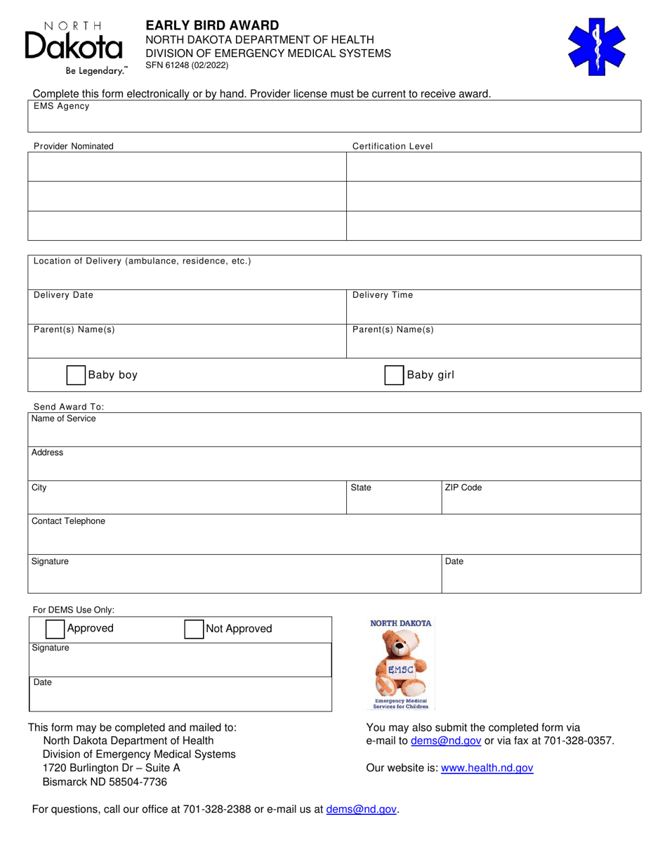 Form SFN61248 Early Bird Award - North Dakota, Page 1