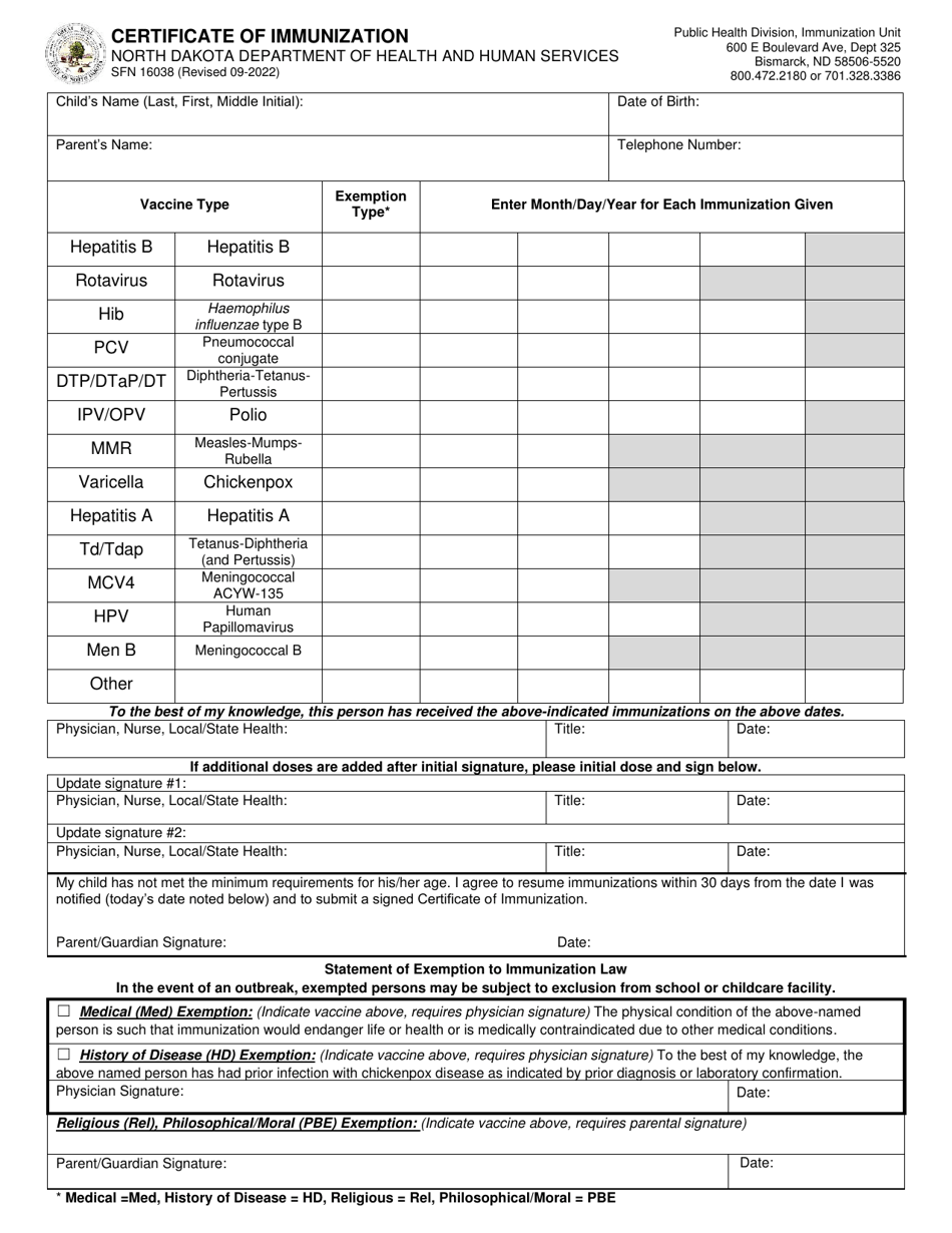 Form SFN16038 Certificate of Immunization - North Dakota, Page 1