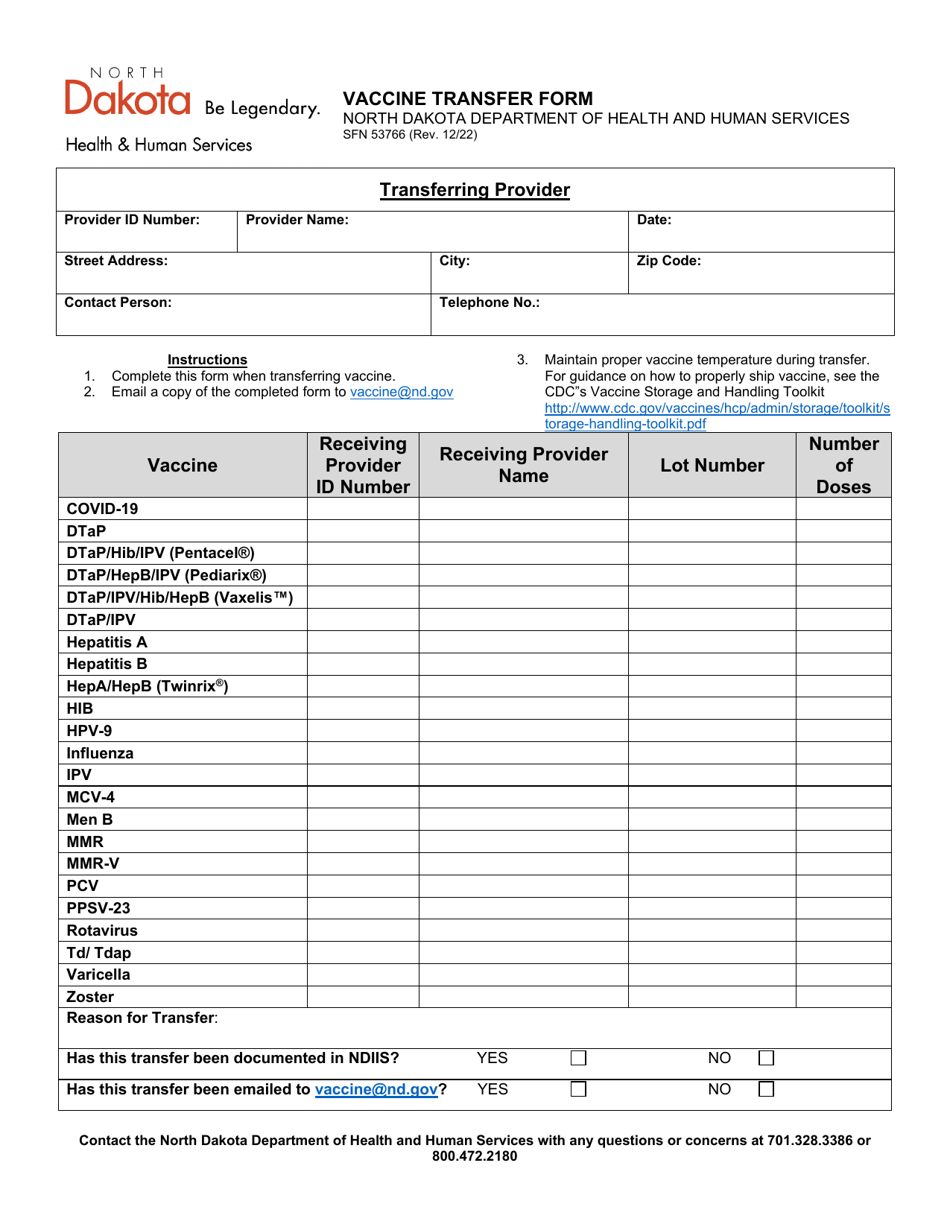 Form SFN53766 Vaccine Transfer Form - North Dakota, Page 1