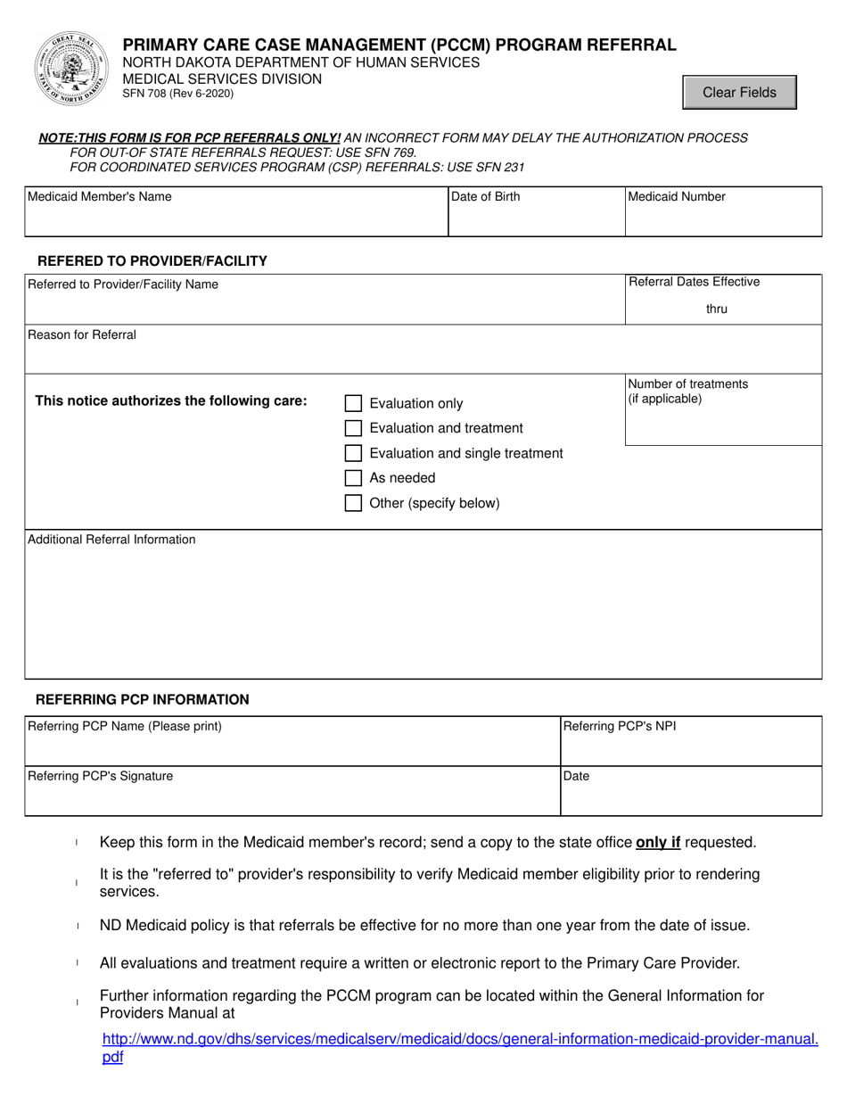 Form SFN708 Primary Care Case Management (Pccm) Program Referral - North Dakota, Page 1