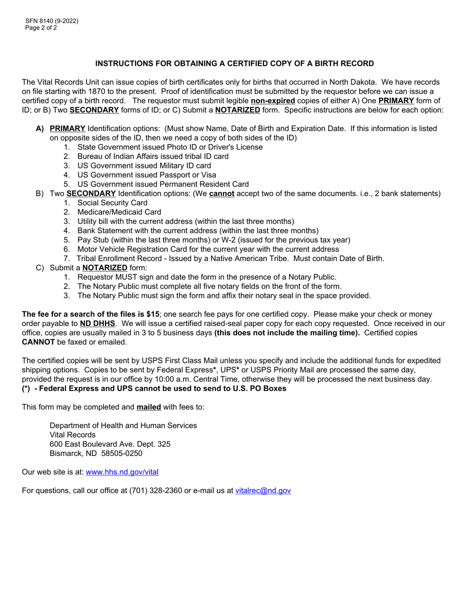 Form SFN8140 Request for Certified Copy of a Birth Record - North Dakota, Page 2