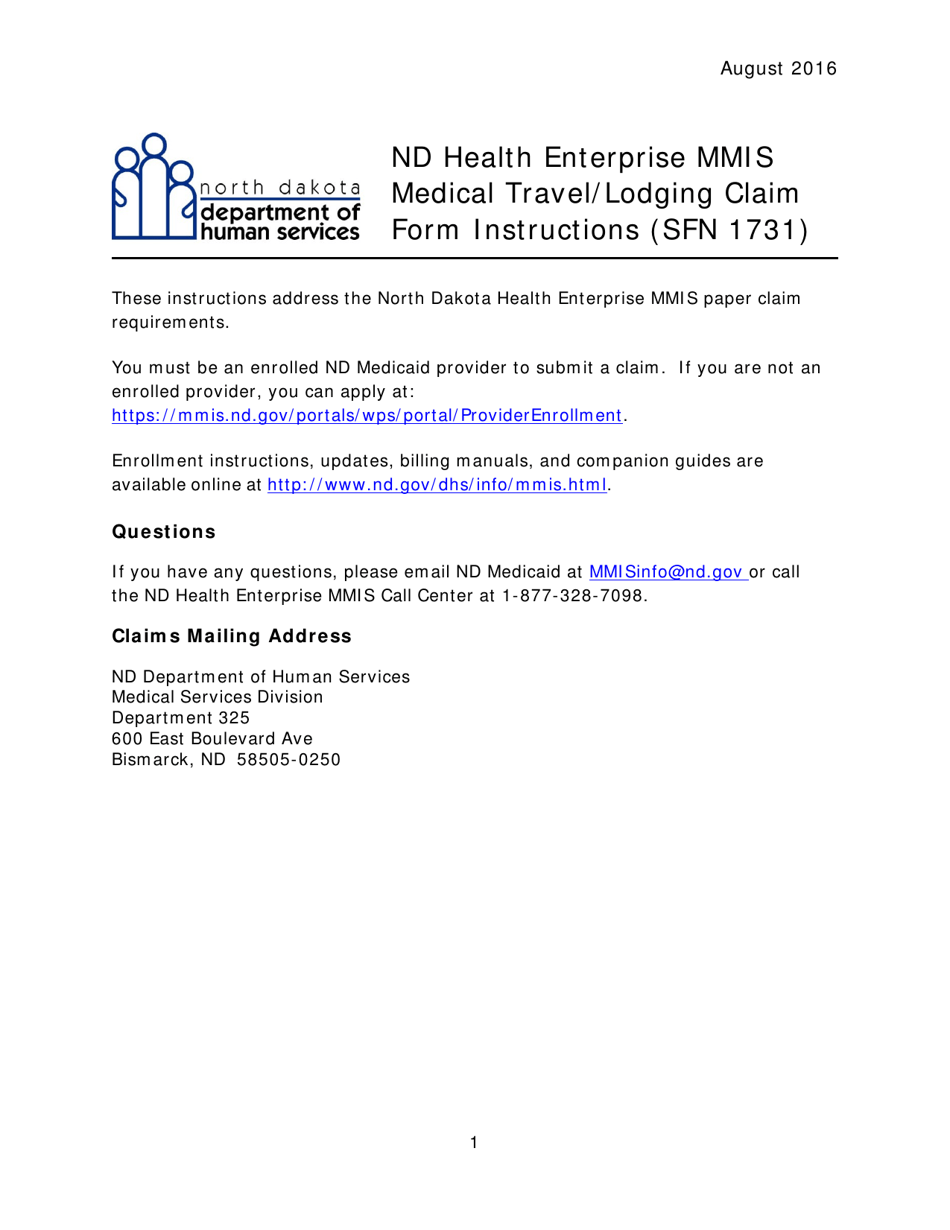 Instructions for Form SFN1731 Medical Travel / Lodging Billing Form - North Dakota, Page 1