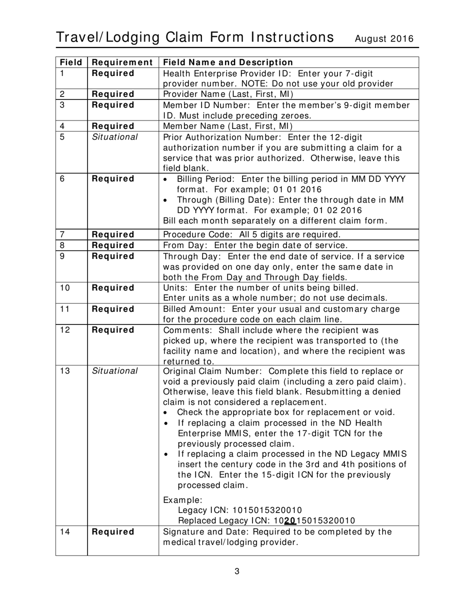 Instructions for Form SFN1731 Medical Travel / Lodging Billing Form - North Dakota, Page 3