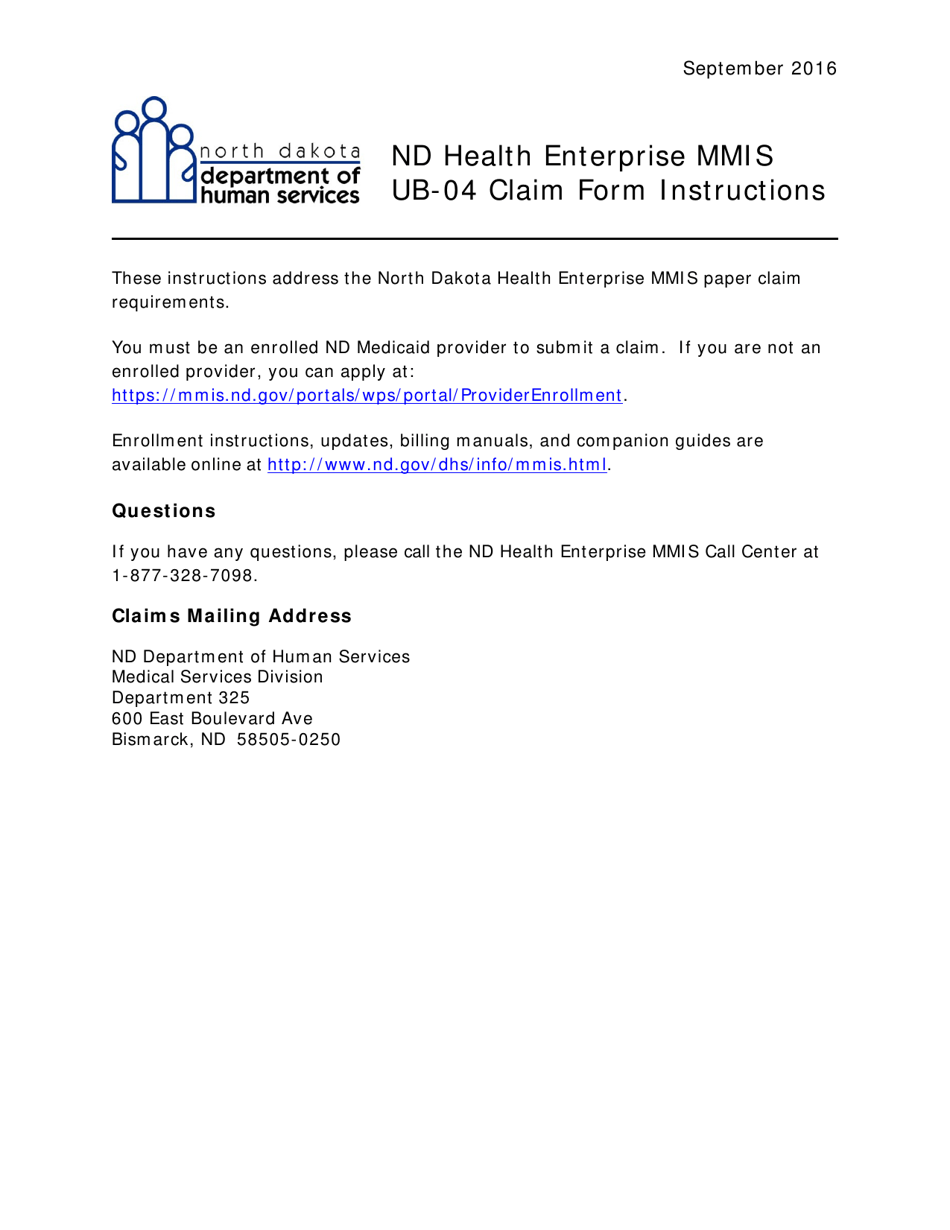 Instructions for Form UB-04, CMS-1450 Nd Health Enterprise Mmis Claim Form - North Dakota, Page 1