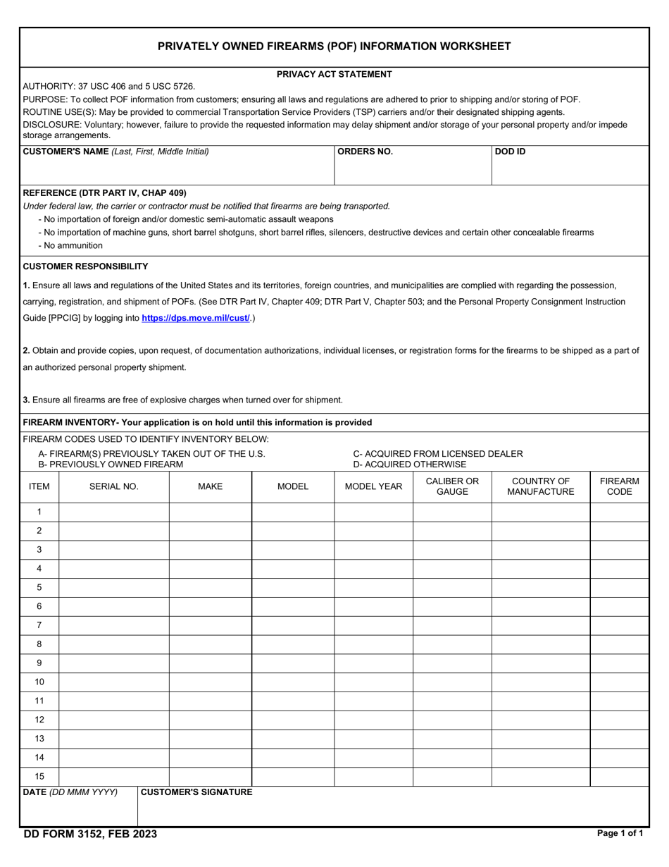 DD Form 3152 Privately Owned Firearms (Pof) Information Worksheet, Page 1