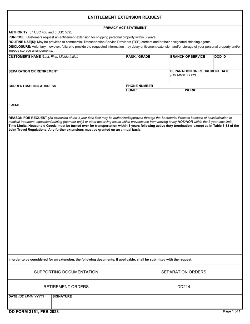 DD Form 3151 Entitlement Extension Request, Page 1