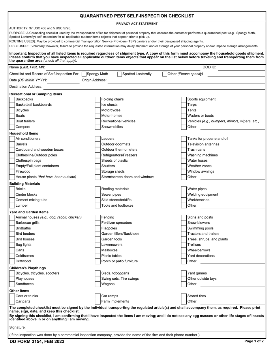 DD Form 3154 Quarantined Pest Self-inspection Checklist, Page 1