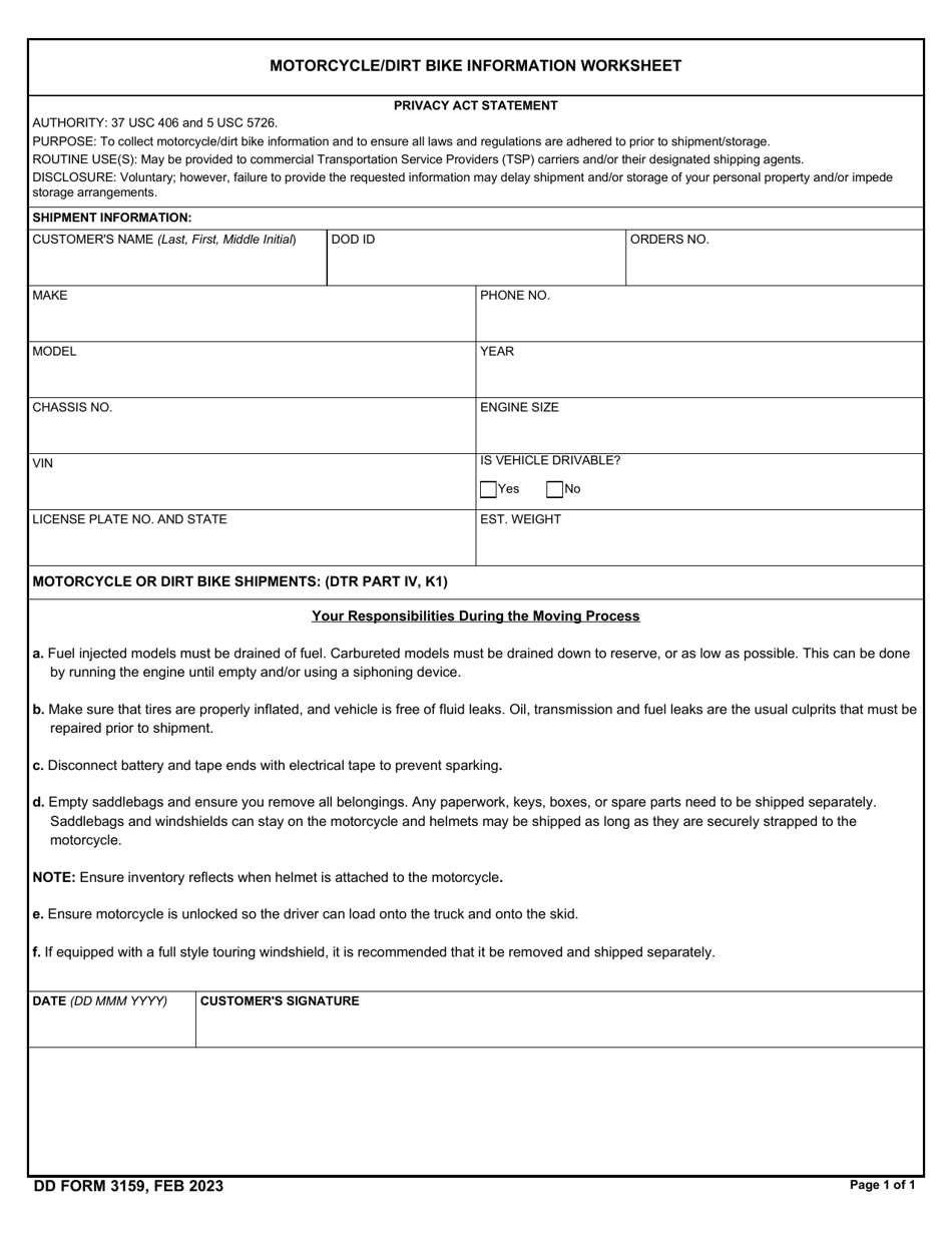 DD Form 3159 Motorcycle / Dirt Bike Information Worksheet, Page 1