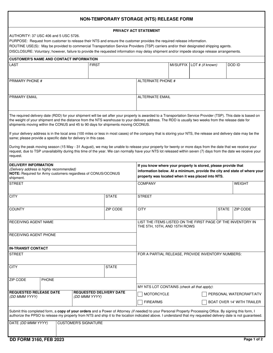 DD Form 3160 Non-temporary Storage (Nts) Release Form, Page 1