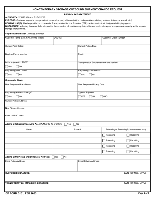 DD Form 3161 Non-temporary Storage/Outbound Shipment Change Request