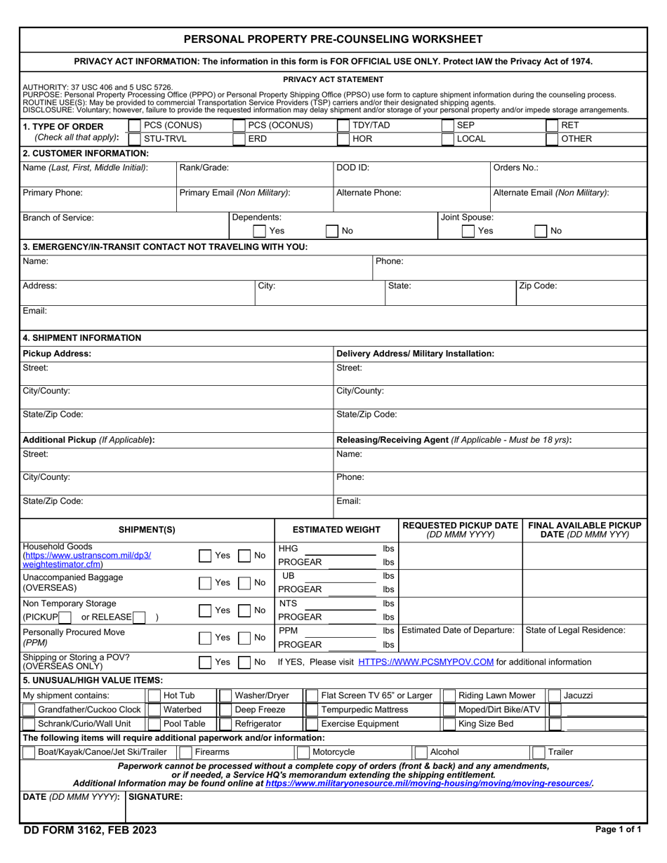 DD Form 3162 Personal Property Pre-counseling Worksheet, Page 1