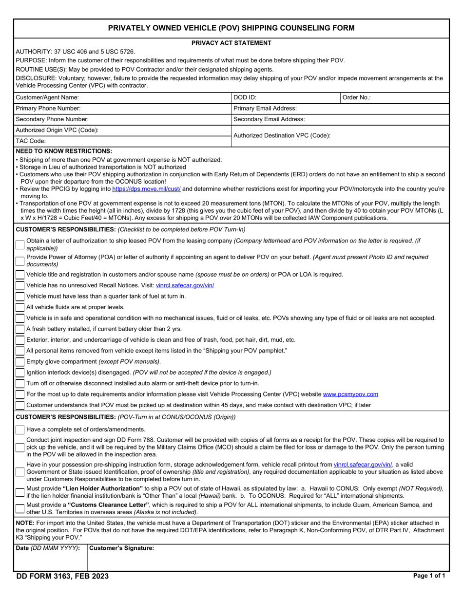 DD Form 3163 Privately Owned Vehicle (Pov) Shipping Counseling Form, Page 1