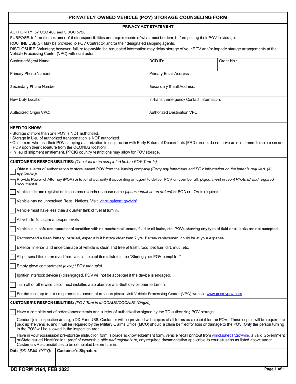 DD Form 3164 Privately Owned Vehicle (Pov) Storage Counseling Form, Page 1