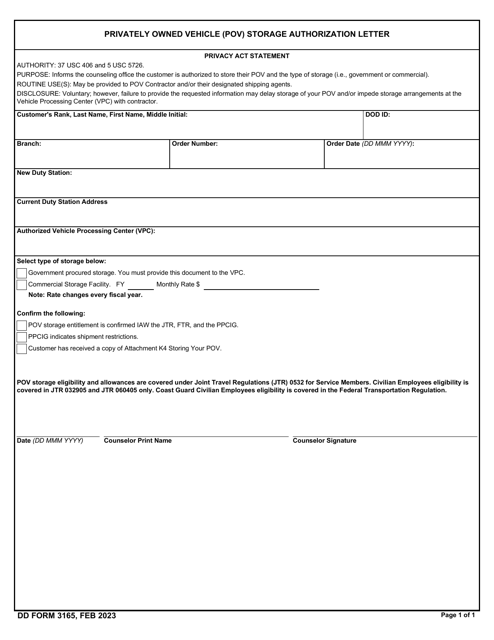 DD Form 3165 Privately Owned Vehicle (Pov) Storage Authorization Letter