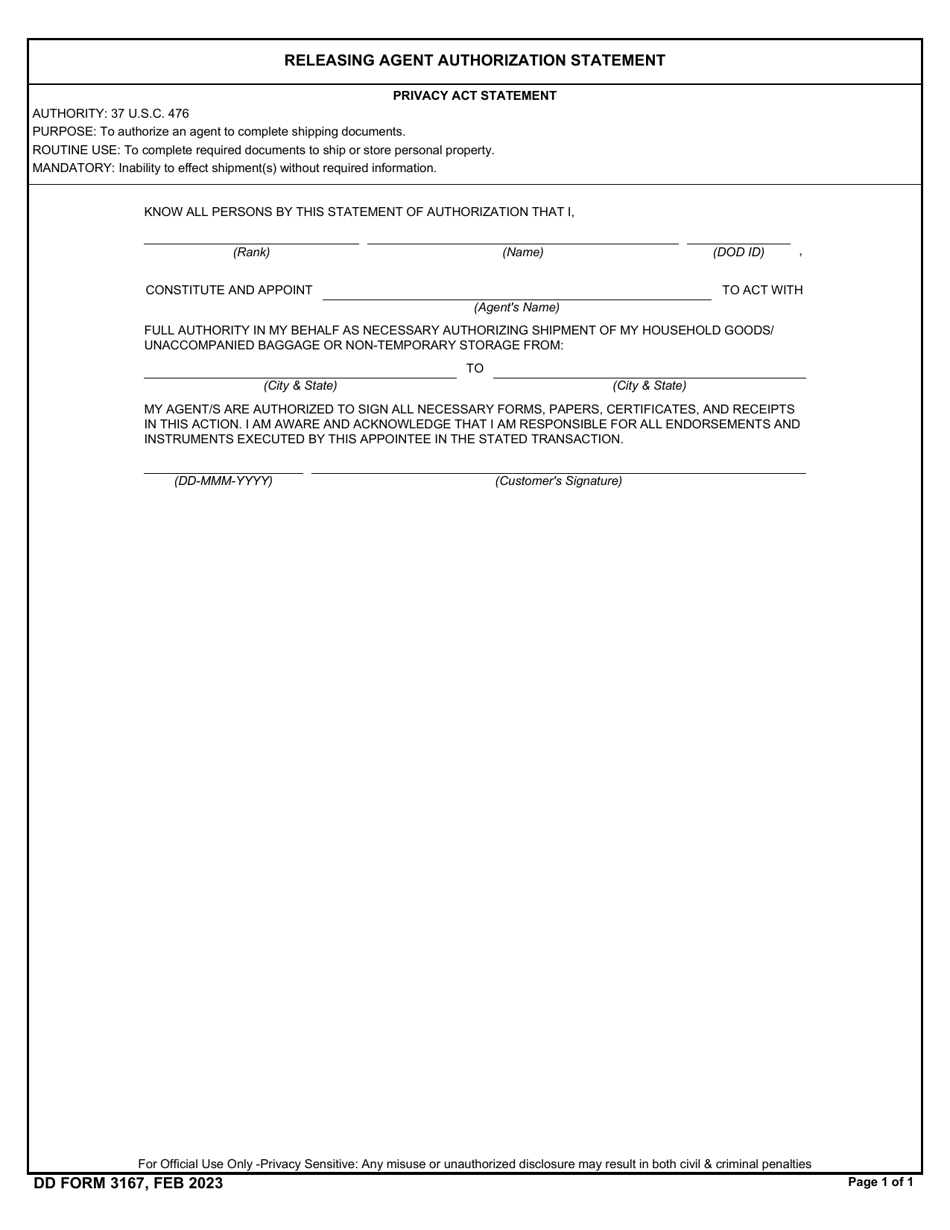 DD Form 3167 Releasing Agent Authorization Statement, Page 1