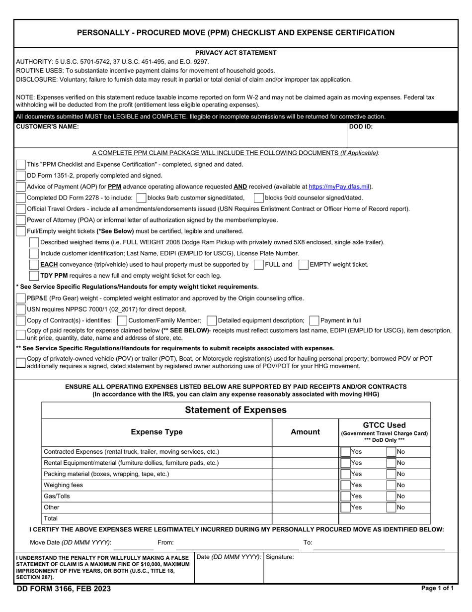 DD Form 3166 Personally - Procured Move (Ppm) Checklist and Expense Certification, Page 1