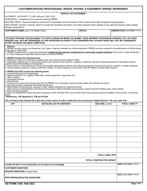 DD Form 3168 Customer/Spouse Professional Books, Papers, & Equipment (Pbp&e) Worksheet