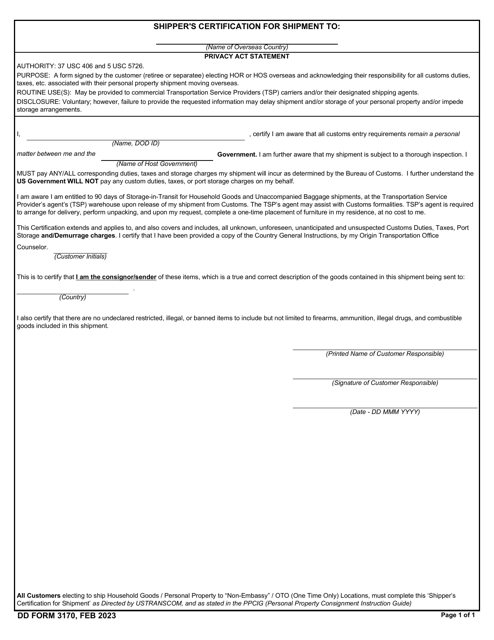 DD Form 3170 Shipper's Certification for Shipment