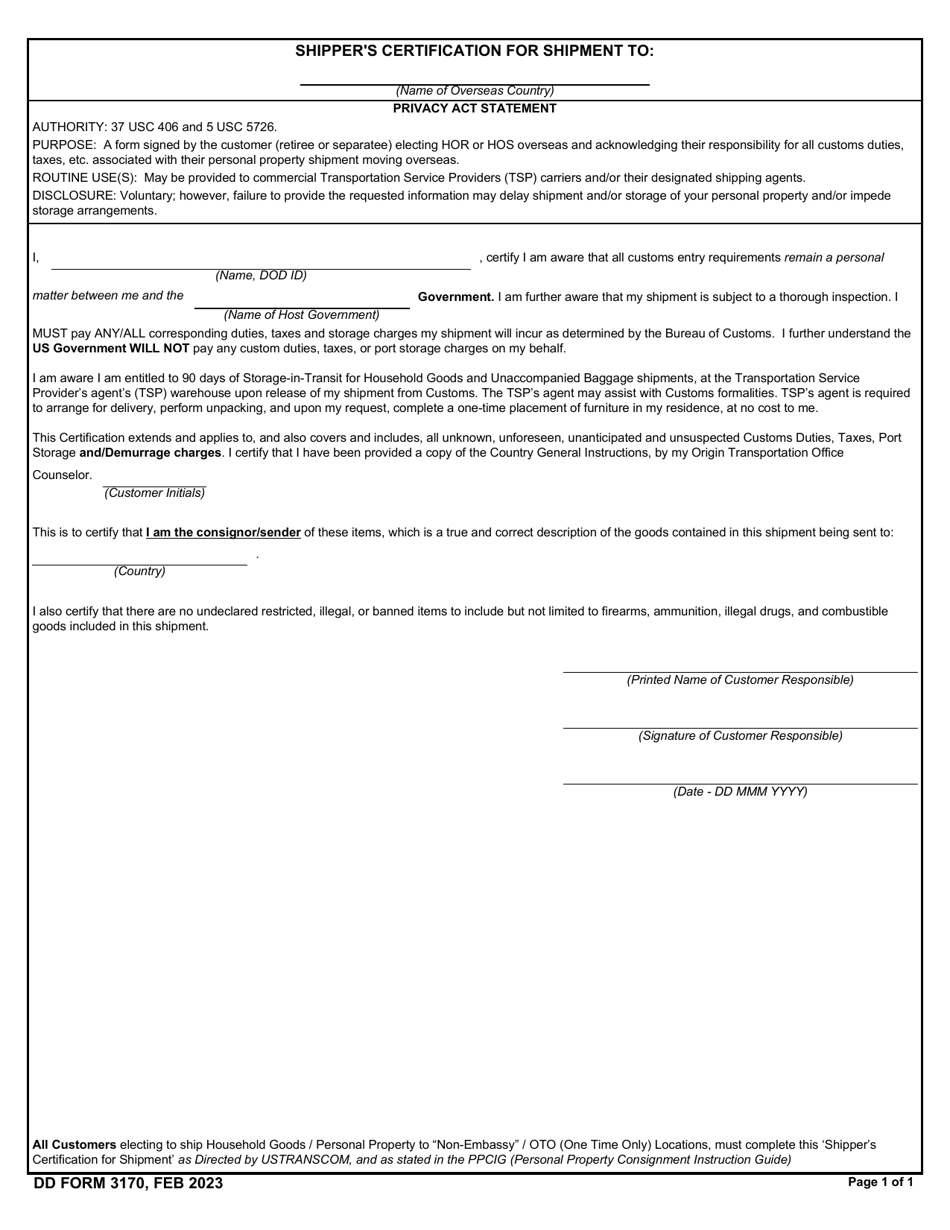 DD Form 3170 Shippers Certification for Shipment, Page 1