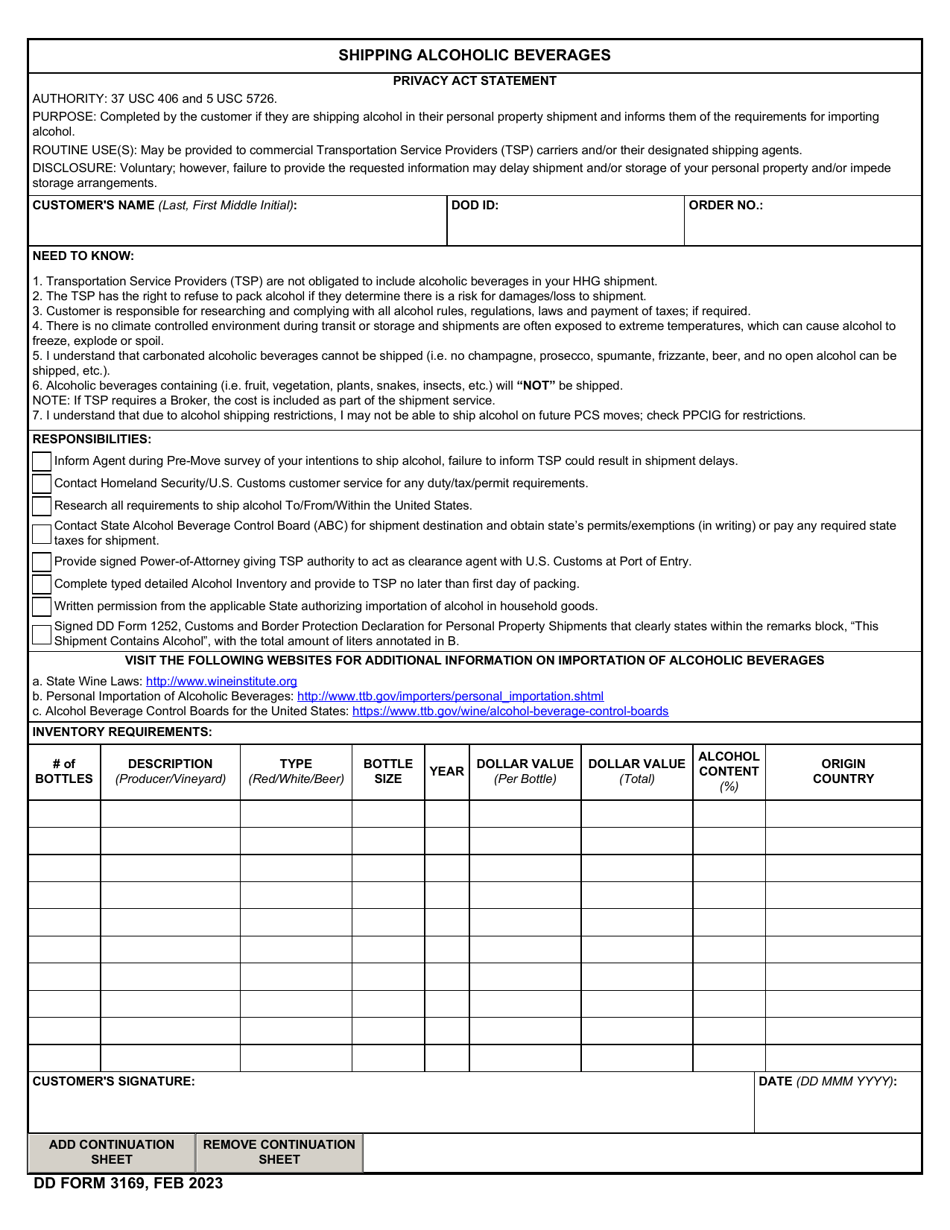 DD Form 3169 Shipping Alcoholic Beverages, Page 1