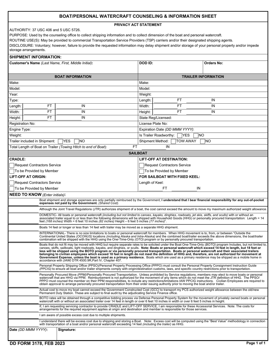 DD Form 3178 Boat / Personal Watercraft Counseling  Information Sheet, Page 1