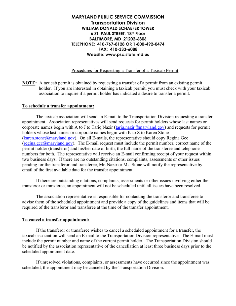 Procedures for Requesting a Transfer of a Taxicab Permit - Maryland, Page 1