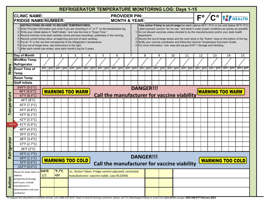 DOH Form 348-077 Refrigerator Temperature Monitoring Log: Days 1-15 - Washington, Page 1