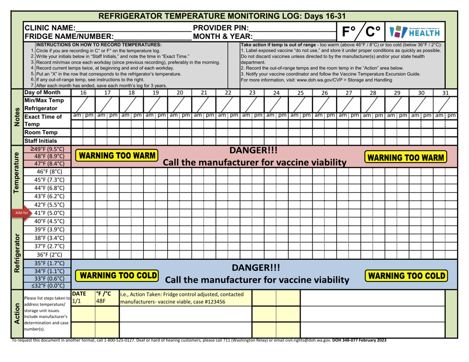DOH Form 348-077 Refrigerator Temperature Monitoring Log: Days 1-15 - Washington, Page 2