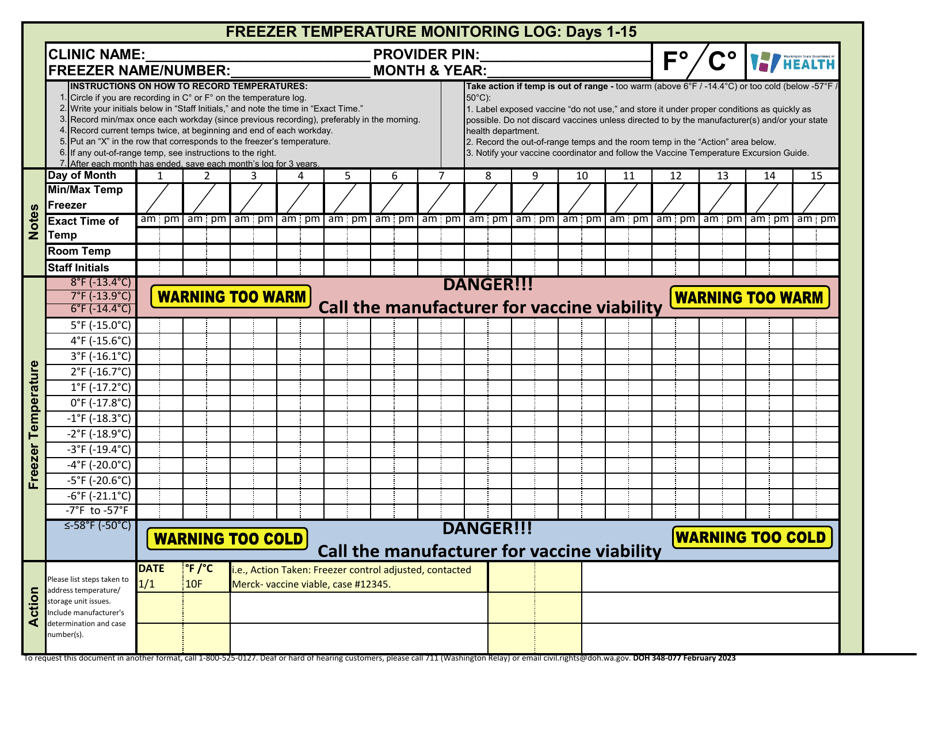 DOH Form 348-077 Refrigerator Temperature Monitoring Log: Days 1-15 - Washington, Page 3