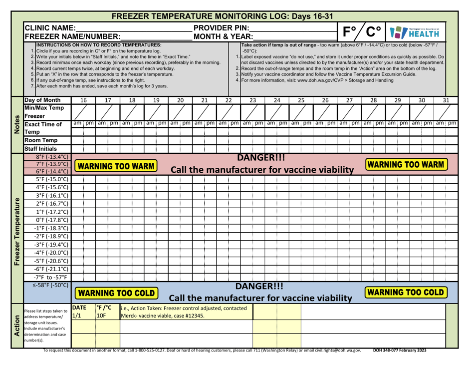 DOH Form 348-077 Refrigerator Temperature Monitoring Log: Days 1-15 - Washington, Page 4