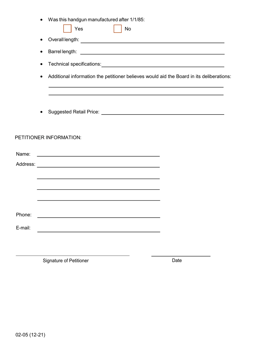 Form 02-05 Handgun Roster Board Petition - Maryland, Page 2