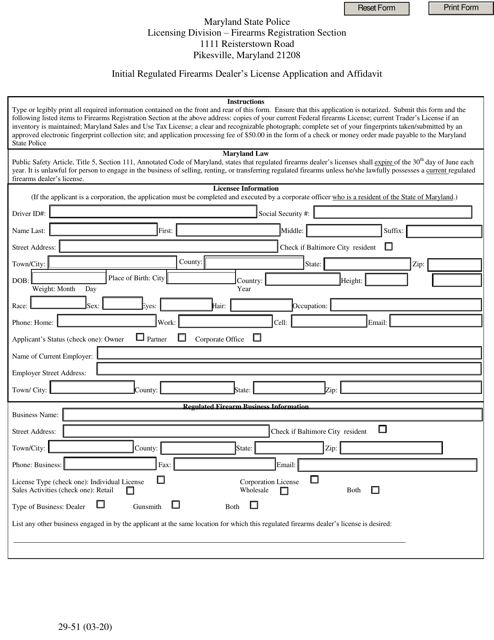 Form 29-51 Initial Regulated Firearms Dealer's License Application and Affidavit - Maryland