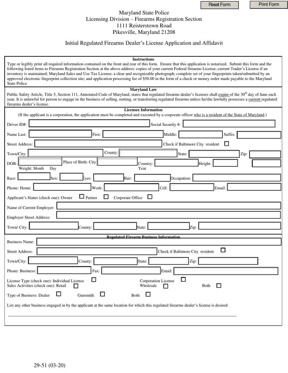 Form 29-51 Initial Regulated Firearms Dealers License Application and Affidavit - Maryland, Page 1
