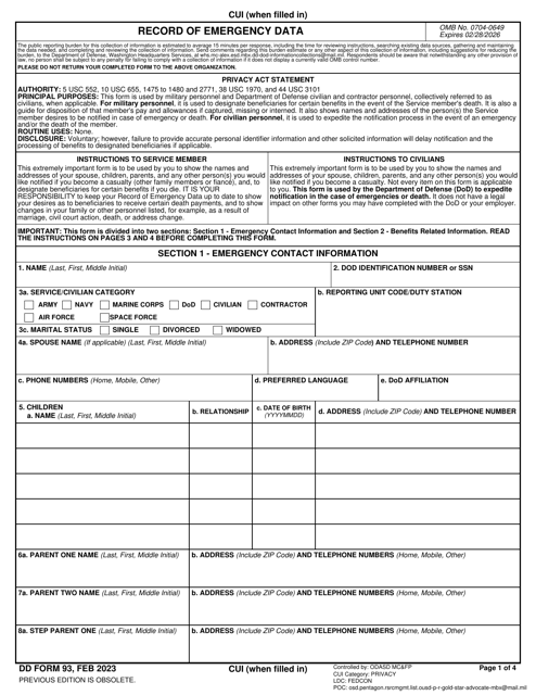 DD Form 93 Download Fillable PDF or Fill Online Record of Emergency ...