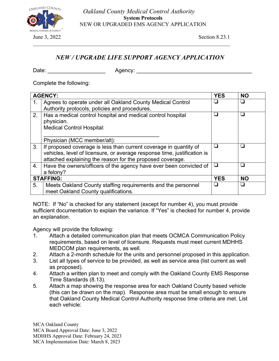 New / Upgrade Life Support Agency Application - Oakland County, Michigan, Page 1